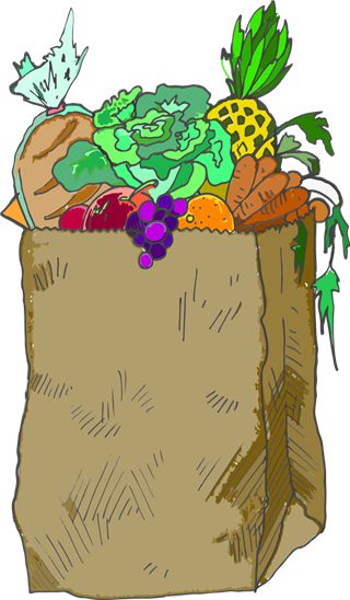 A paper grocery bag full of colorful food