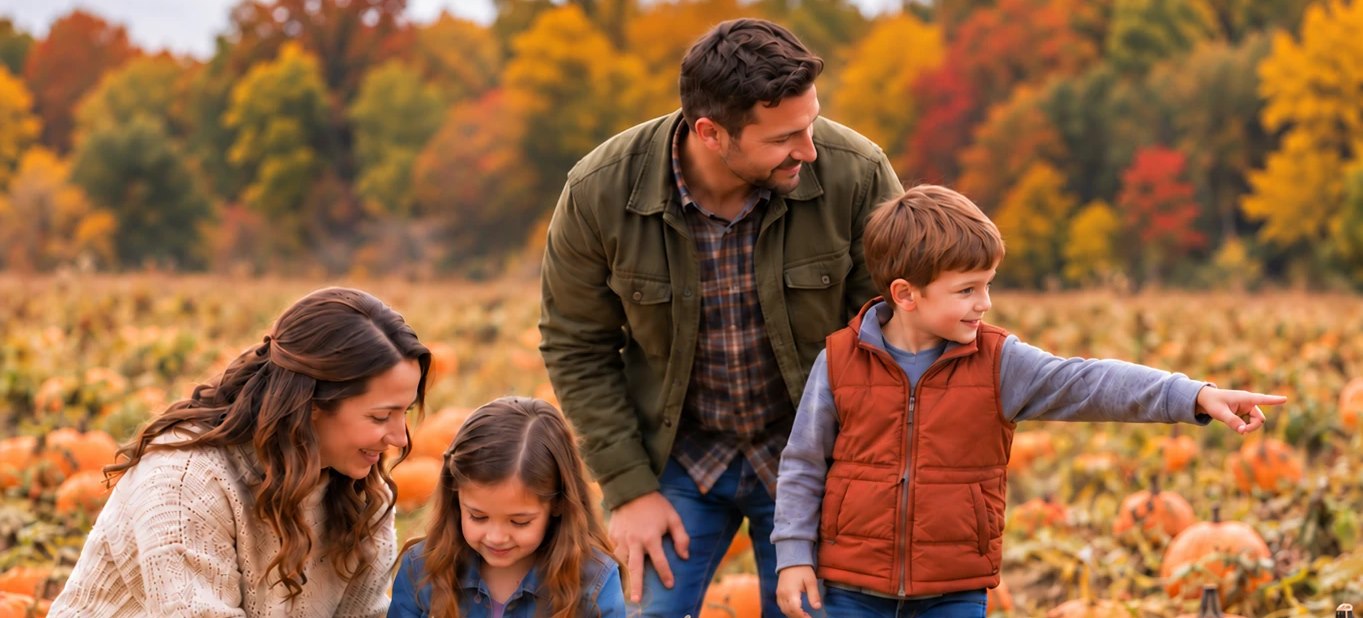A family chooses pumpkins together at a fall pumpkin patch.