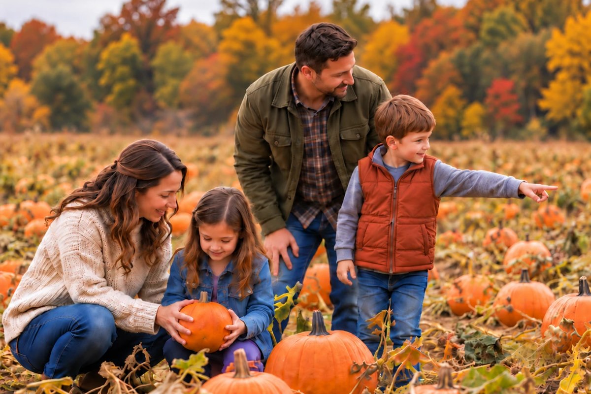 A family chooses pumpkins together at a fall pumpkin patch.