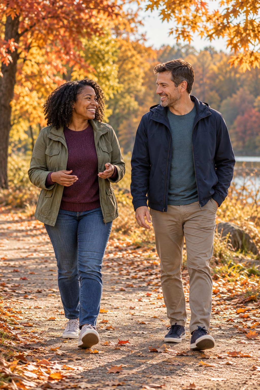 A man and a woman walking and talking together on a leaf-covered autumn path.