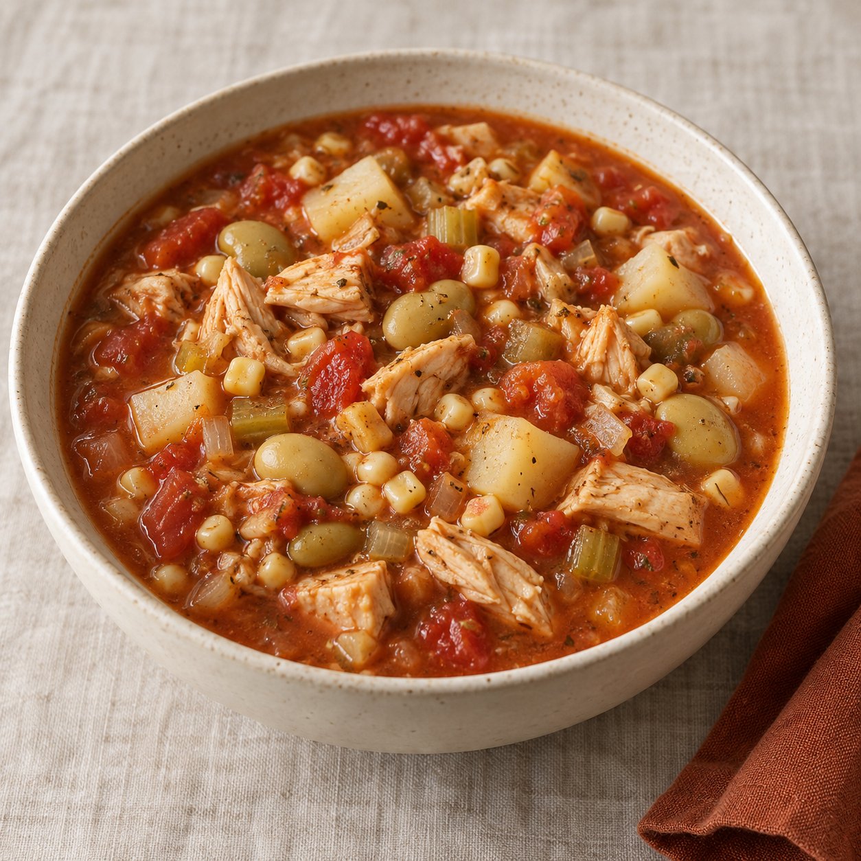 A bowl of Brunswick stew with chicken, corn, potato and tomato, in a rustic bowl on a table.