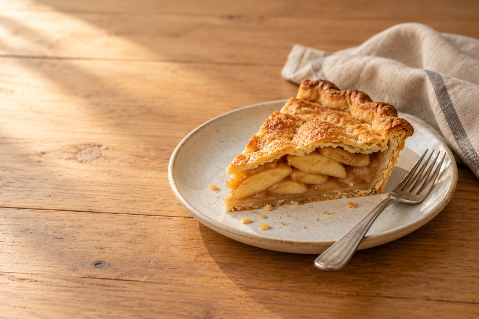 A slice of apple pie on a plate, with a fork beside it.