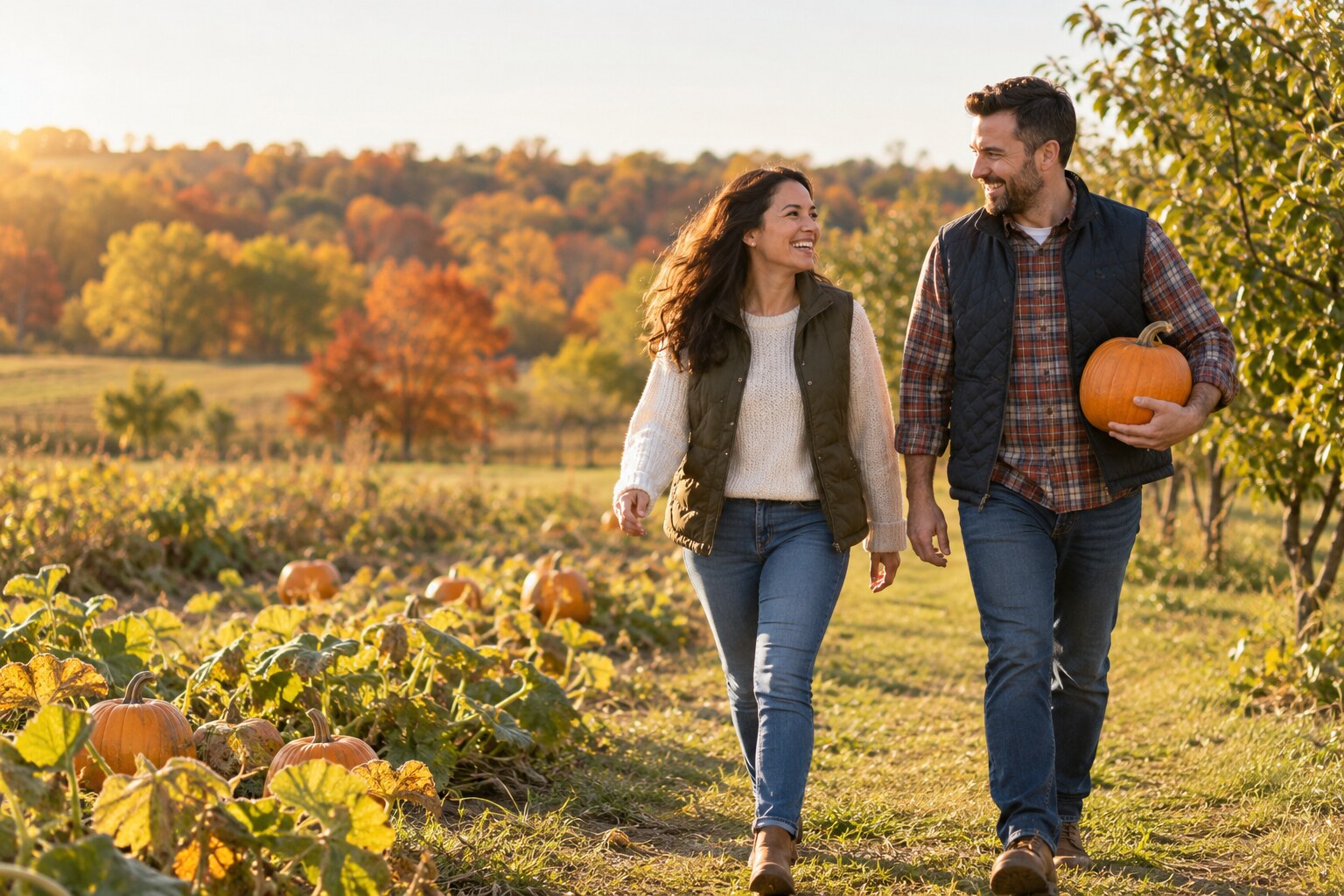 Two adults walk together through a pumpkin patch on a sunny autumn afternoon.